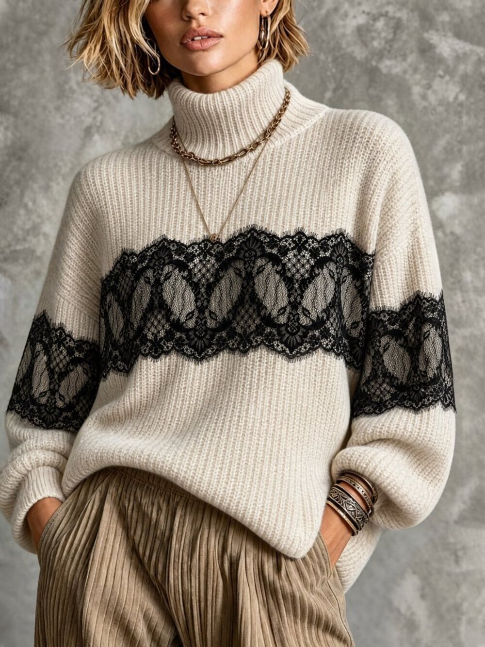 Apricot Casual Women's Lace Patchwork High Neck Long Sleeve Sweater
